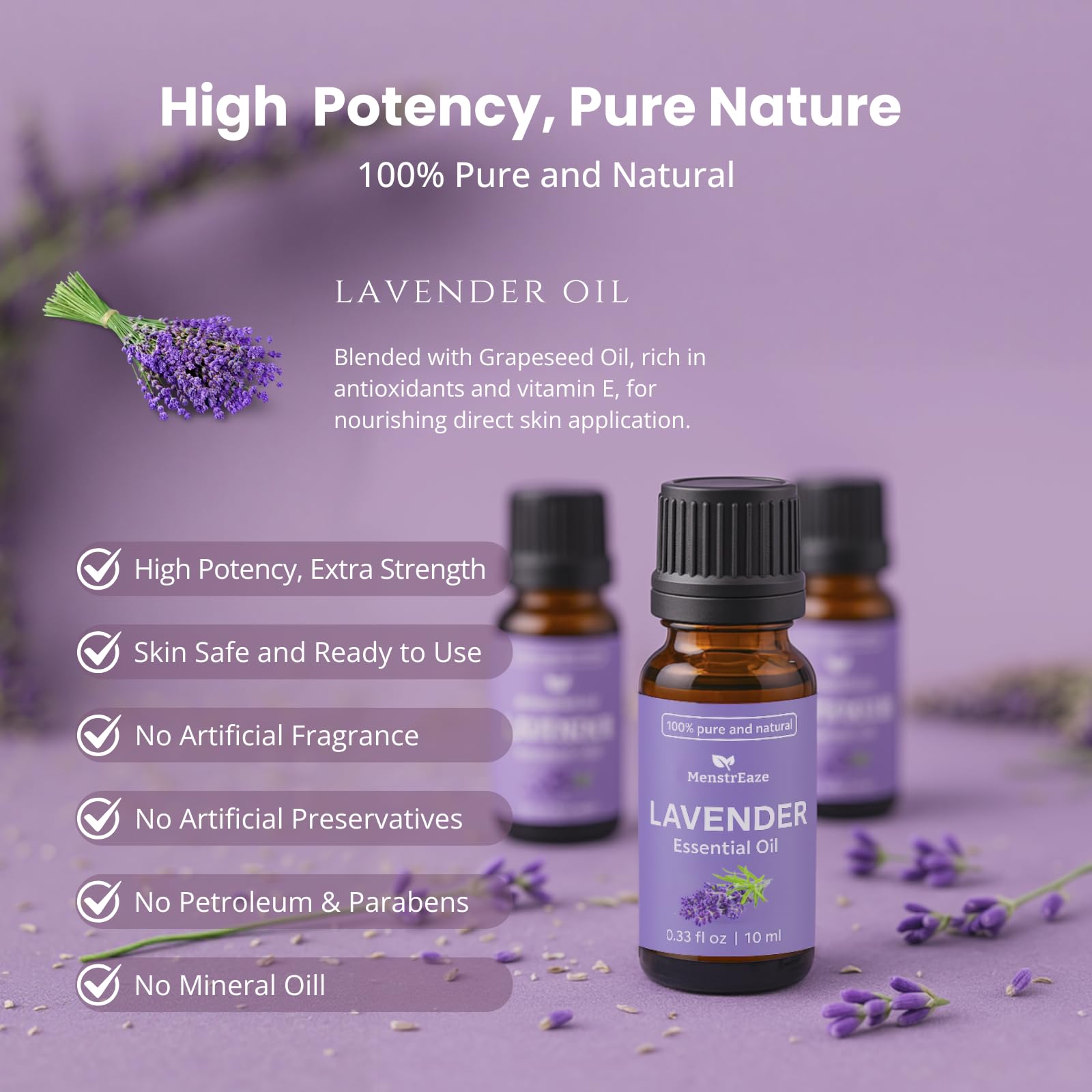 MenstrEaze lavender oil near a candle for DIY spa scents.