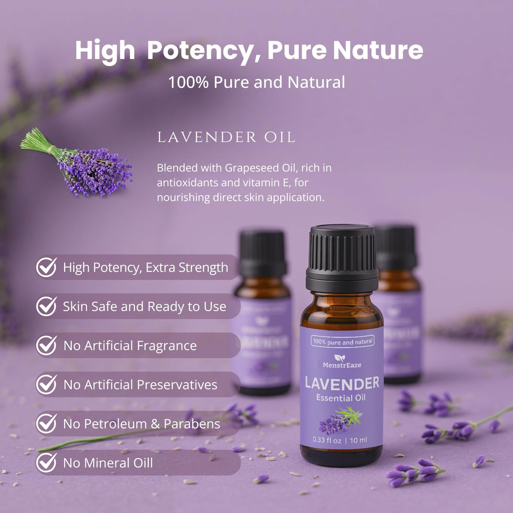 MenstrEaze lavender oil near a candle for DIY spa scents.