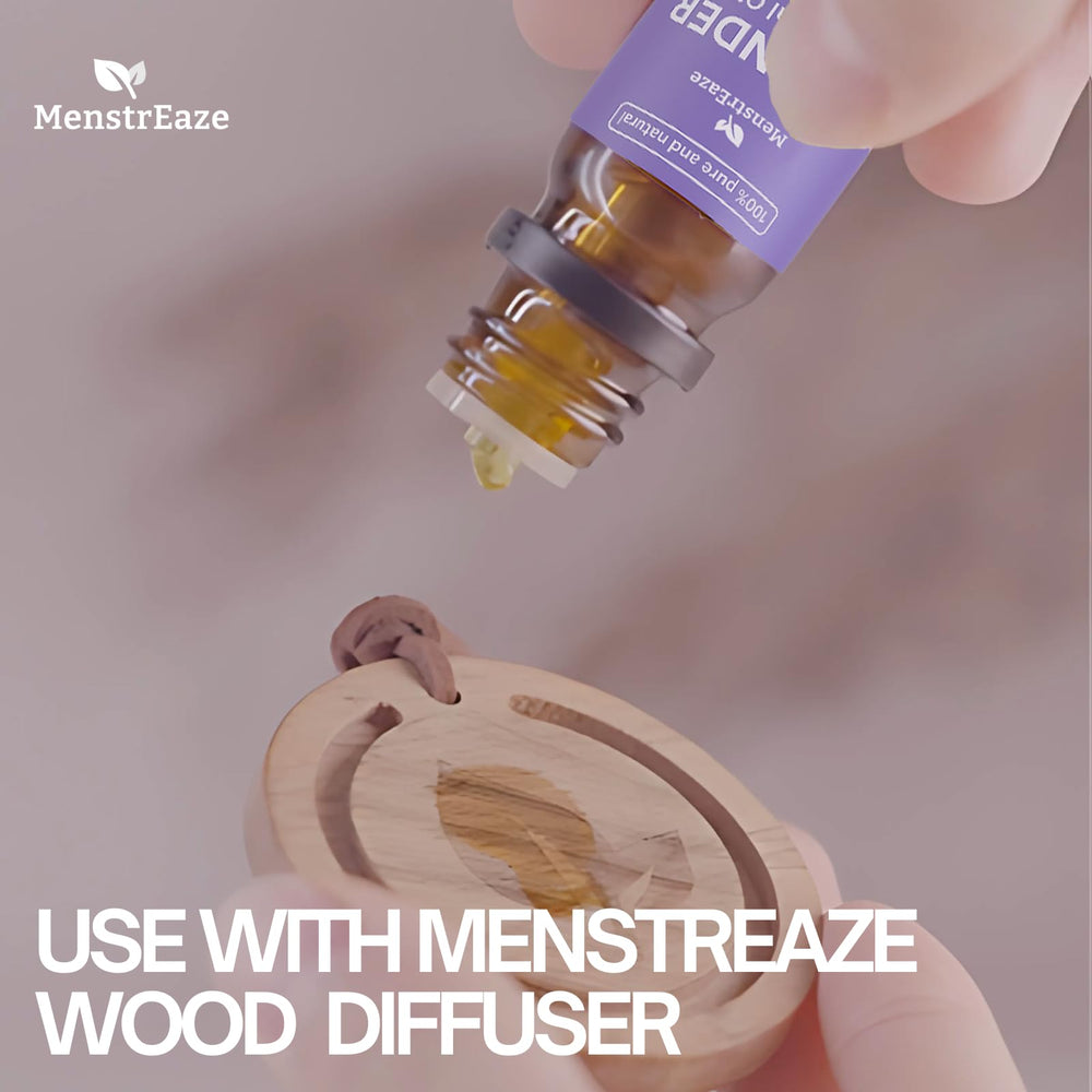 MenstrEaze lavender oil bottle label highlighting premium quality.