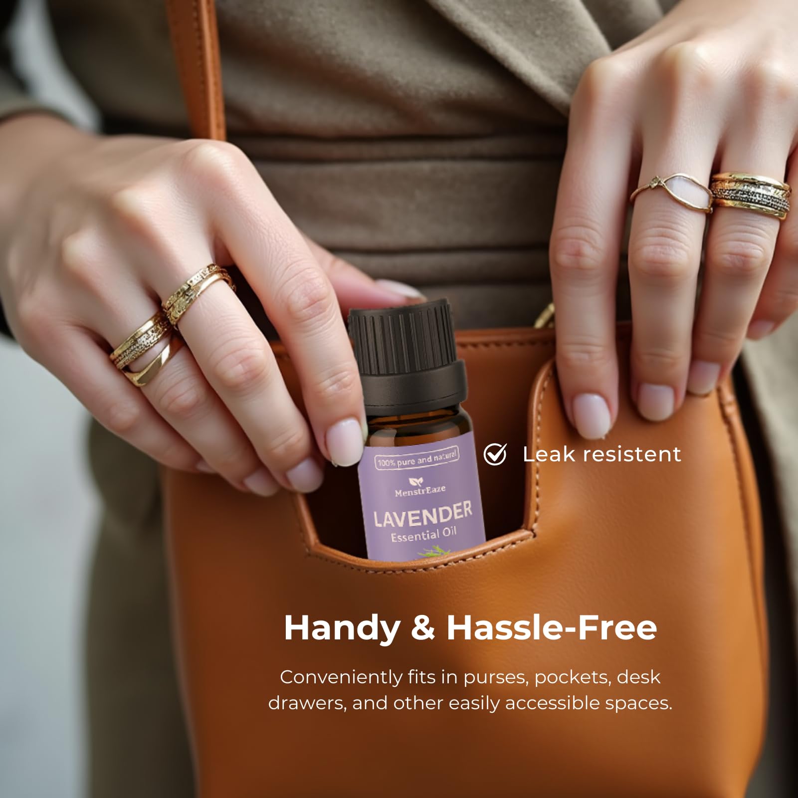 MenstrEaze lavender oil on skin for stress-relief rituals.