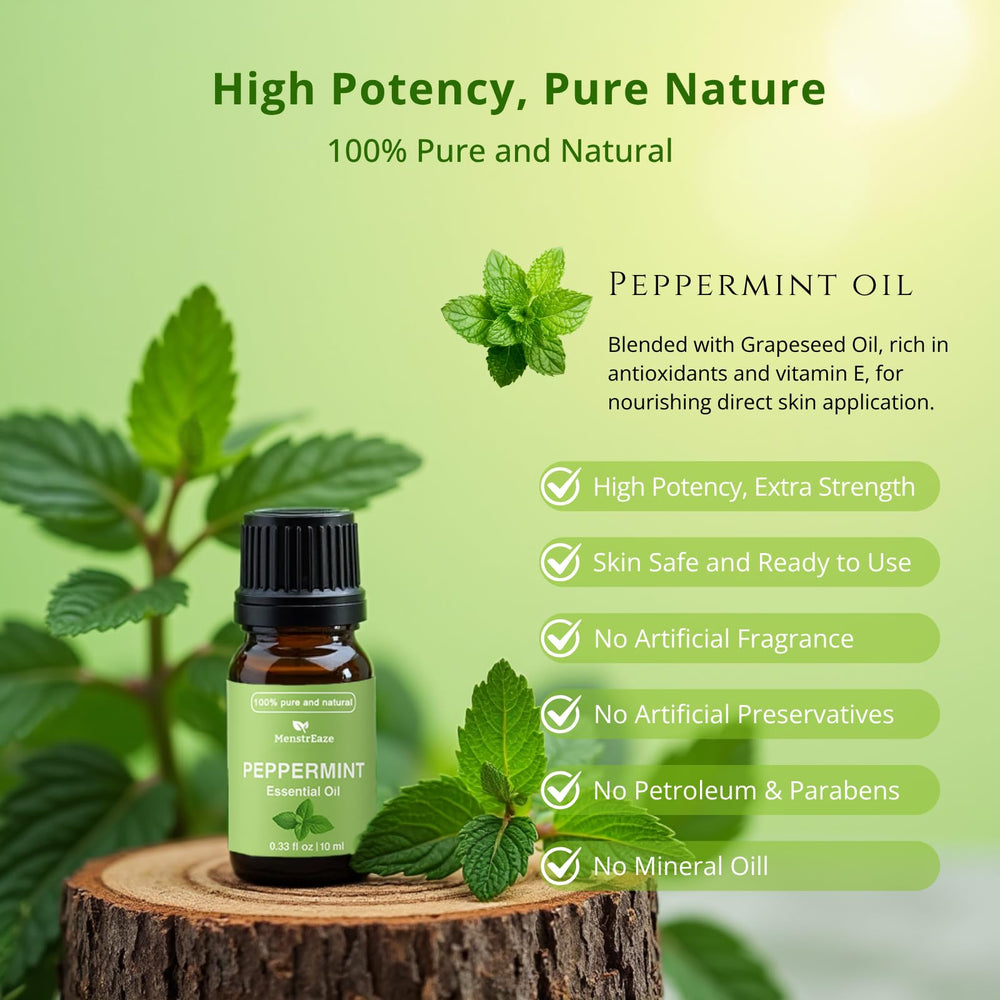 MenstrEaze peppermint oil delivers a cooling sensation for refreshment