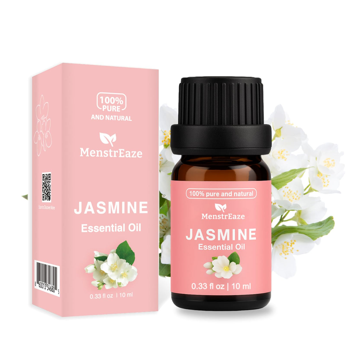MenstrEaze Jasmine essential oil bottle for diffusers with long-lasting fragrance.
