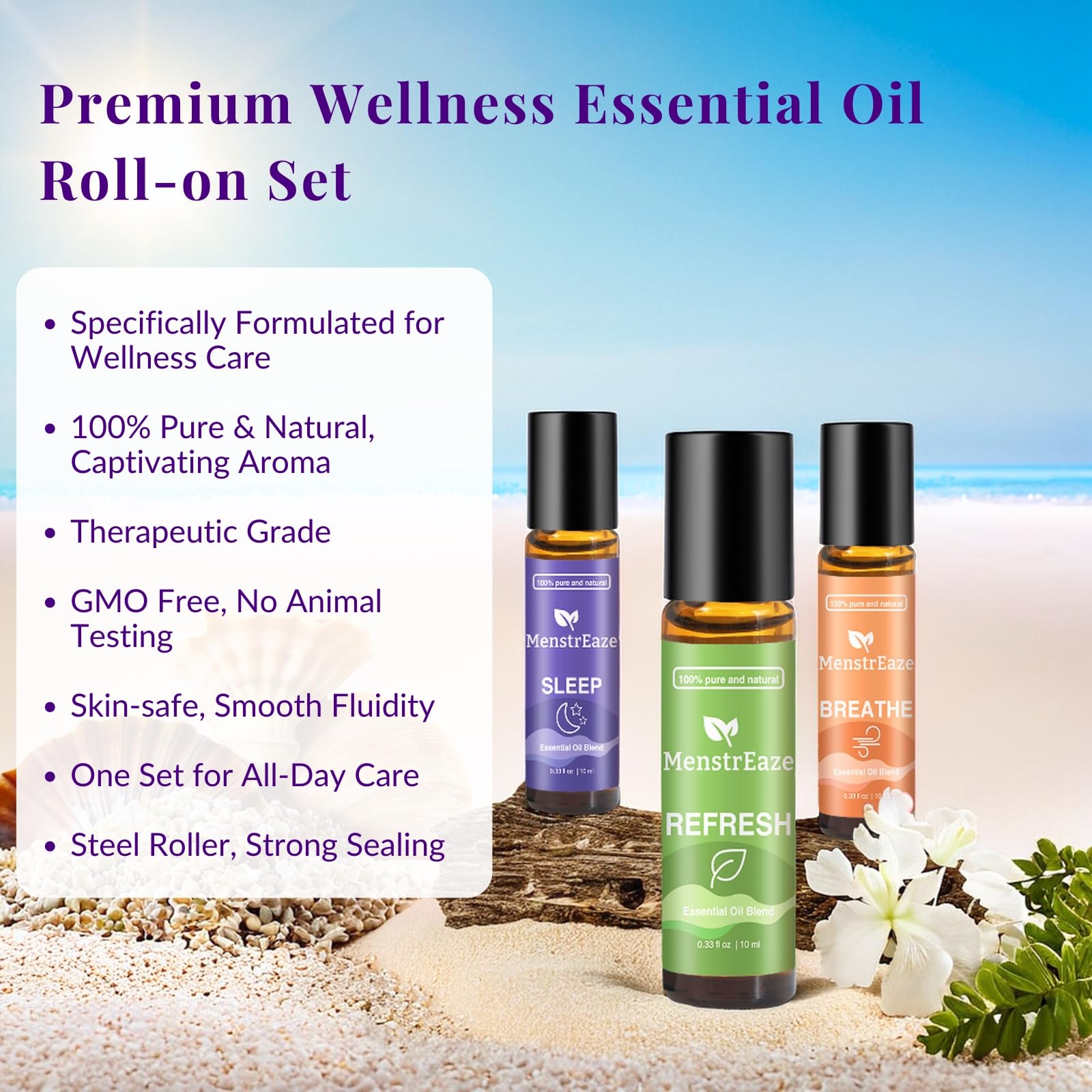 MenstrEaze stainless rollerball ensures smooth, leak-resistant oil application.