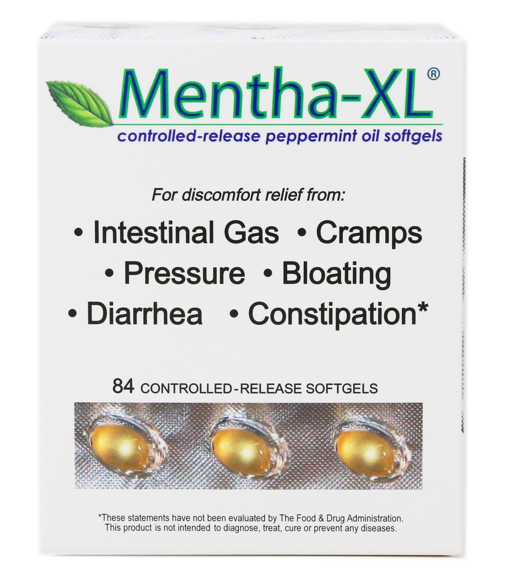 Mentha-XL softgel bottle close-up showing potent peppermint oil in a convenient form