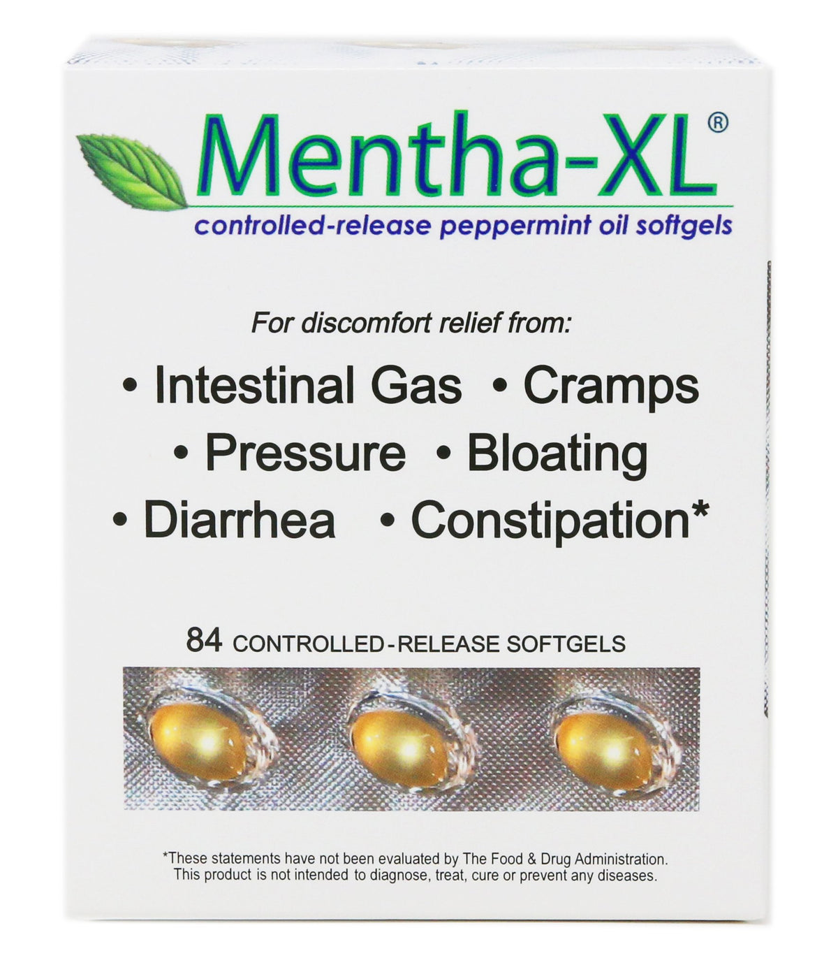 Mentha-XL softgel bottle close-up showing potent peppermint oil in a convenient form