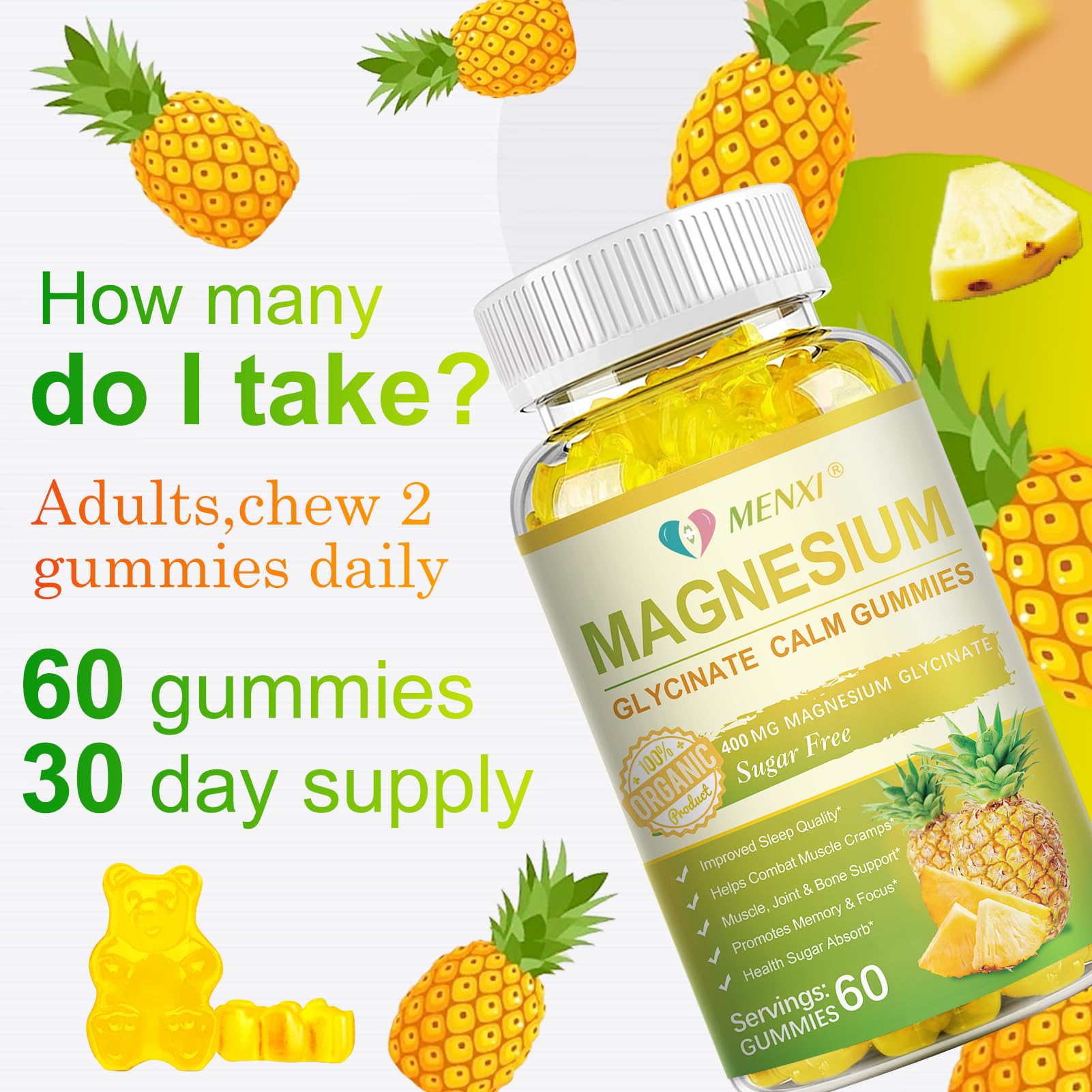 MENXI Magnesium Glycinate Gummies vegan ingredients emphasize allergen-free convenience.