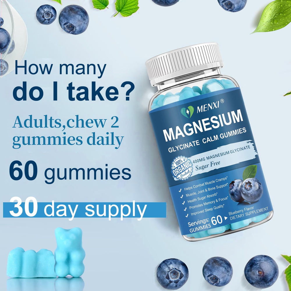 Menxi Magnesium Gummies back label with nutrients, emphasizes glycinate and malate blend.