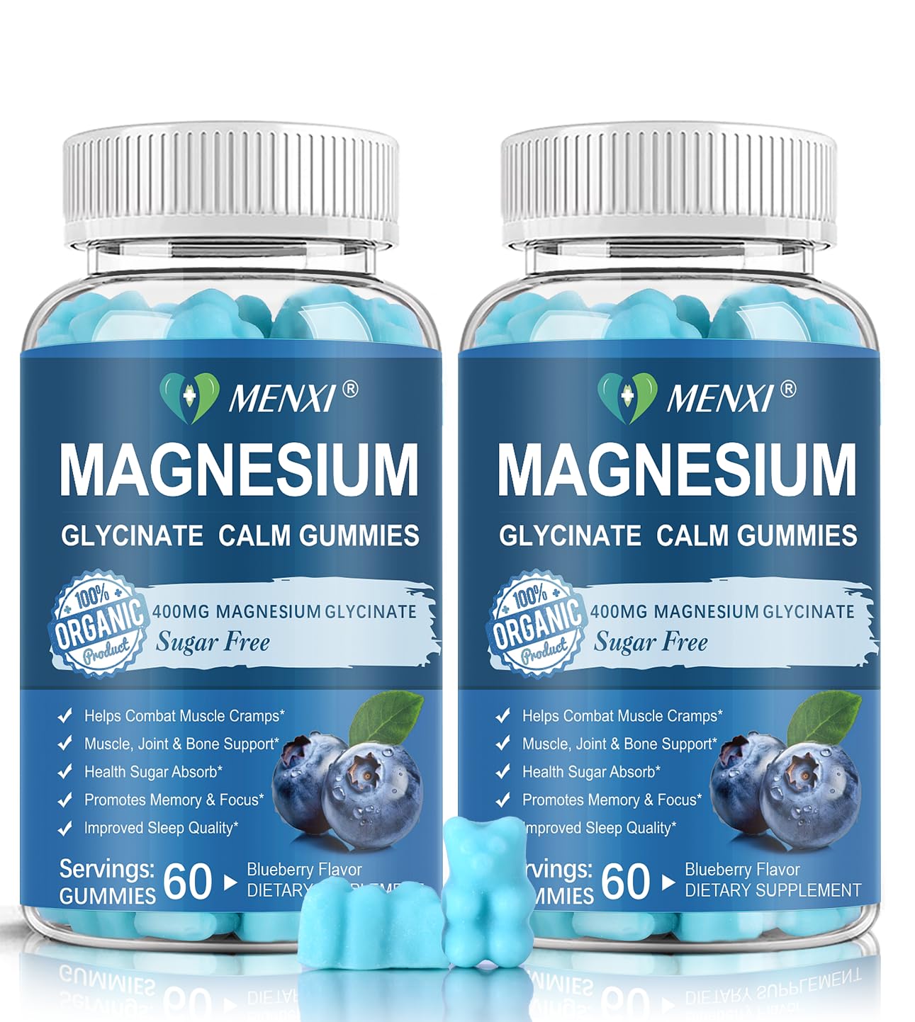 Menxi Magnesium Gummies bottle with blueberry label, promotes calm mood and sleep support.
