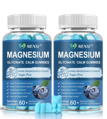Menxi Magnesium Gummies bottle with blueberry label, promotes calm mood and sleep support.