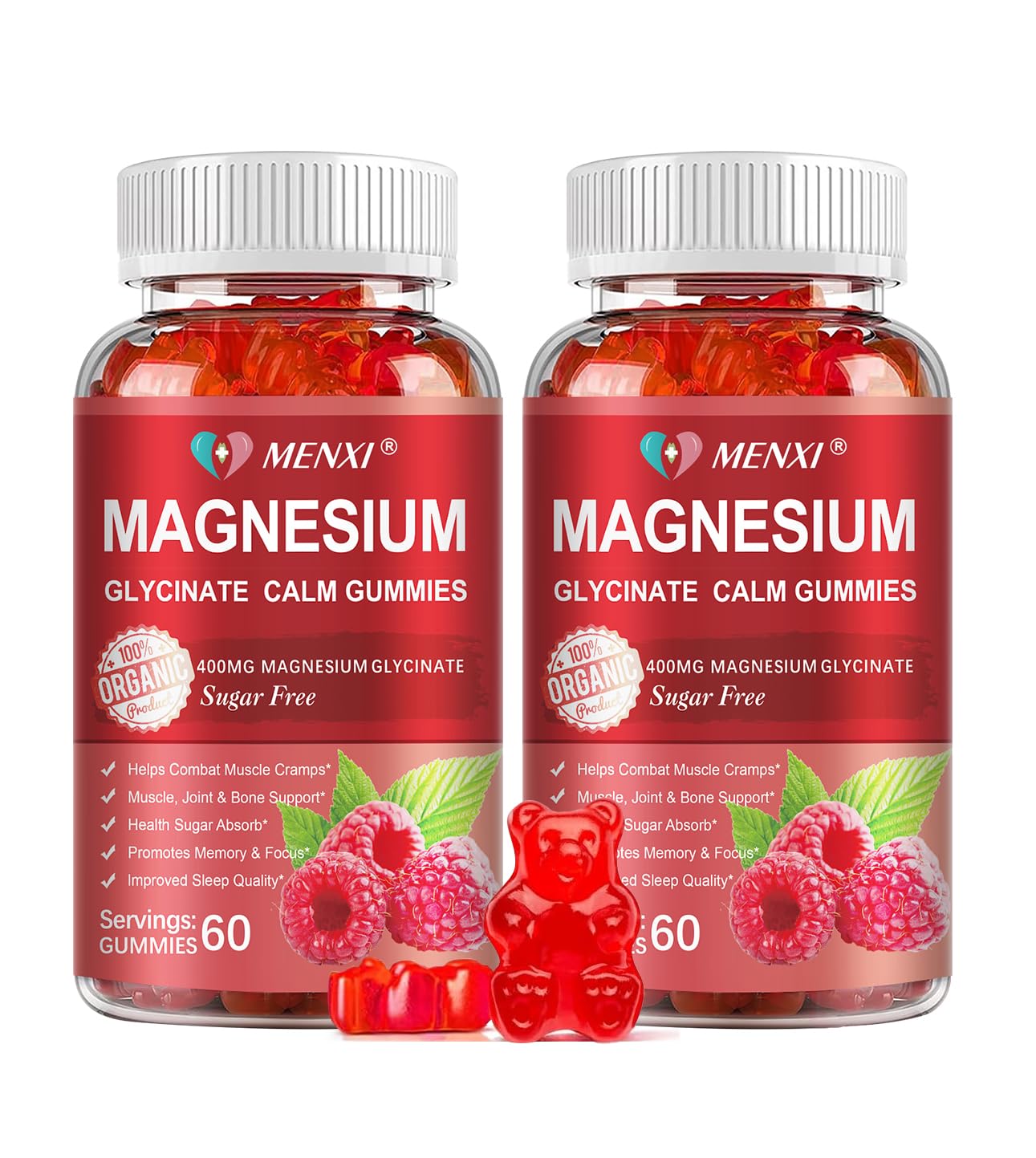 MENXI Magnesium Gummies bottle front with raspberry flavor and daily calm potential.