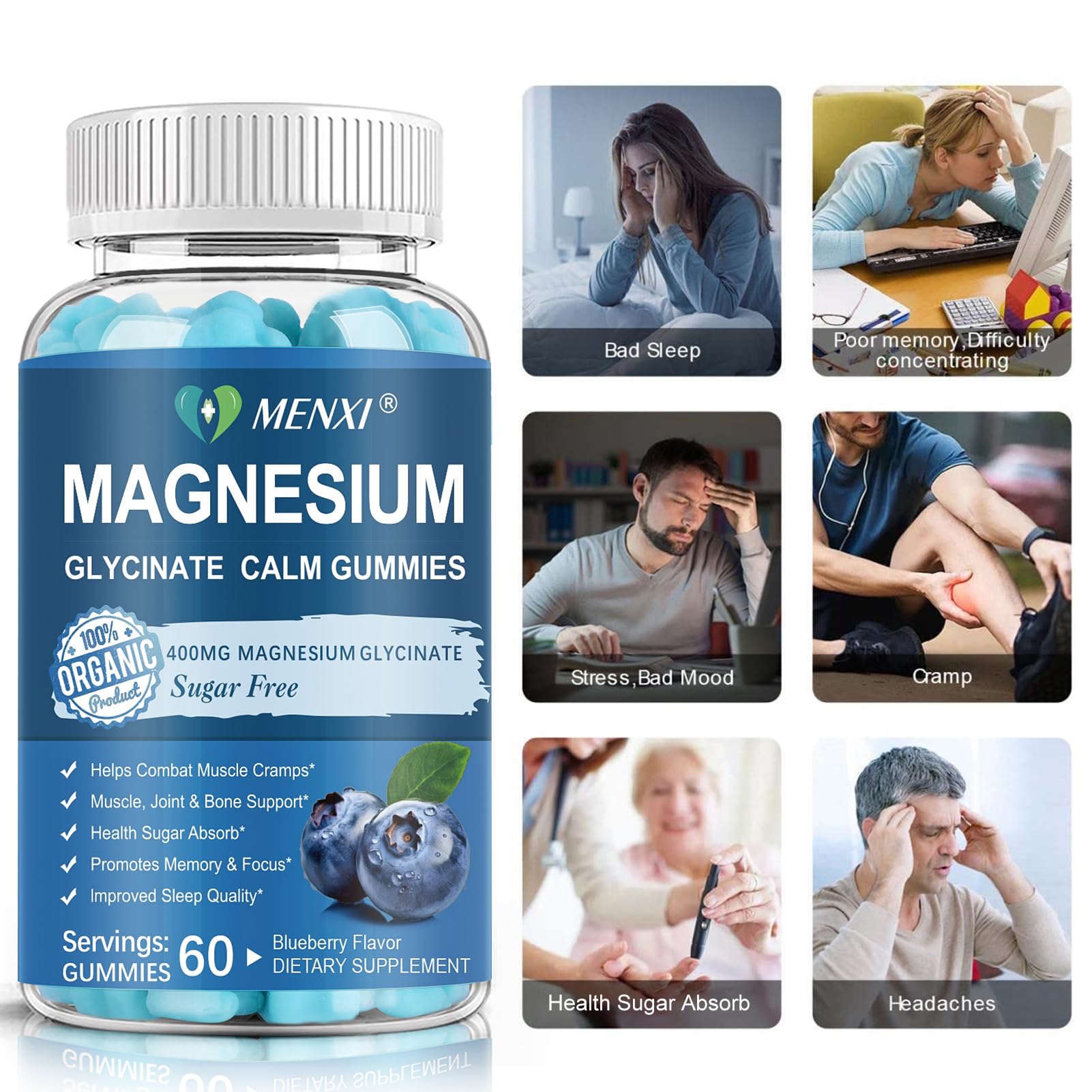 Bottle of MENXI Magnesium Gummies on a desk for convenient daily use