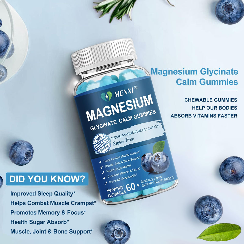 Zoomed label of MENXI Magnesium Gummies emphasizes vegan and sugar-free benefits