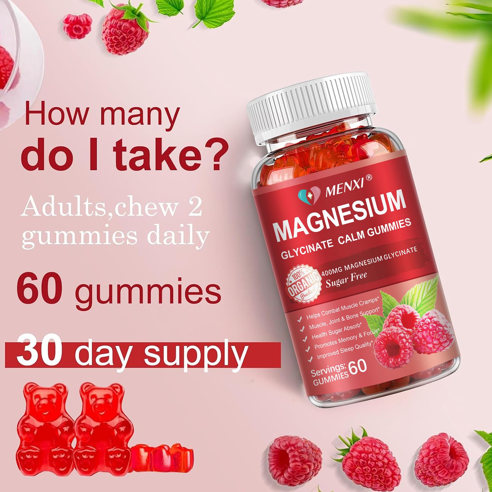  MENXI Magnesium Gummies with raspberry flavor for easy daily use and taste.