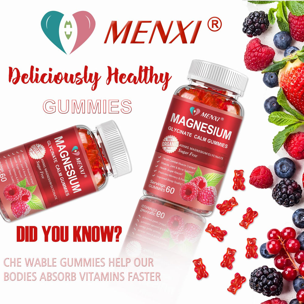 MENXI Magnesium Gummies Raspberry serving scene suggests an easy daily ritual.