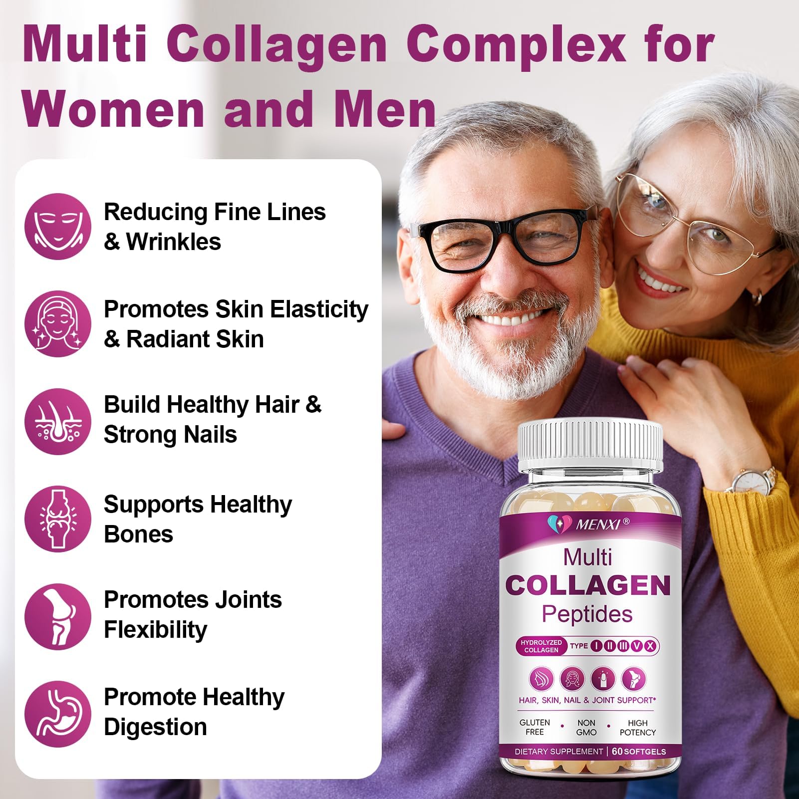 MENXI softgels next to ingredient panel with biotin and hyaluronic acid