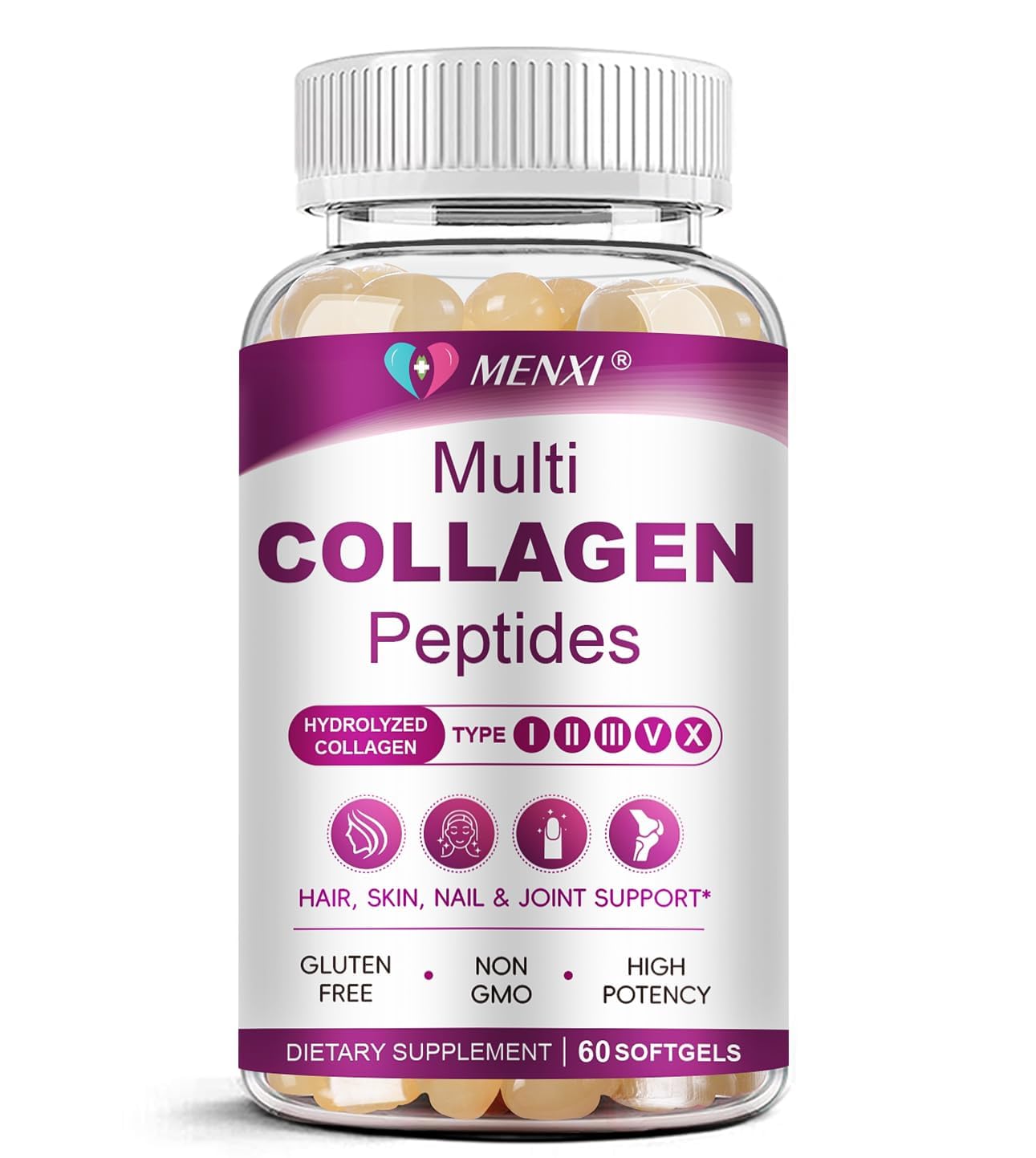 MENXI multi collagen softgels bottle on table, easy-to-swallow wellness capsules.
