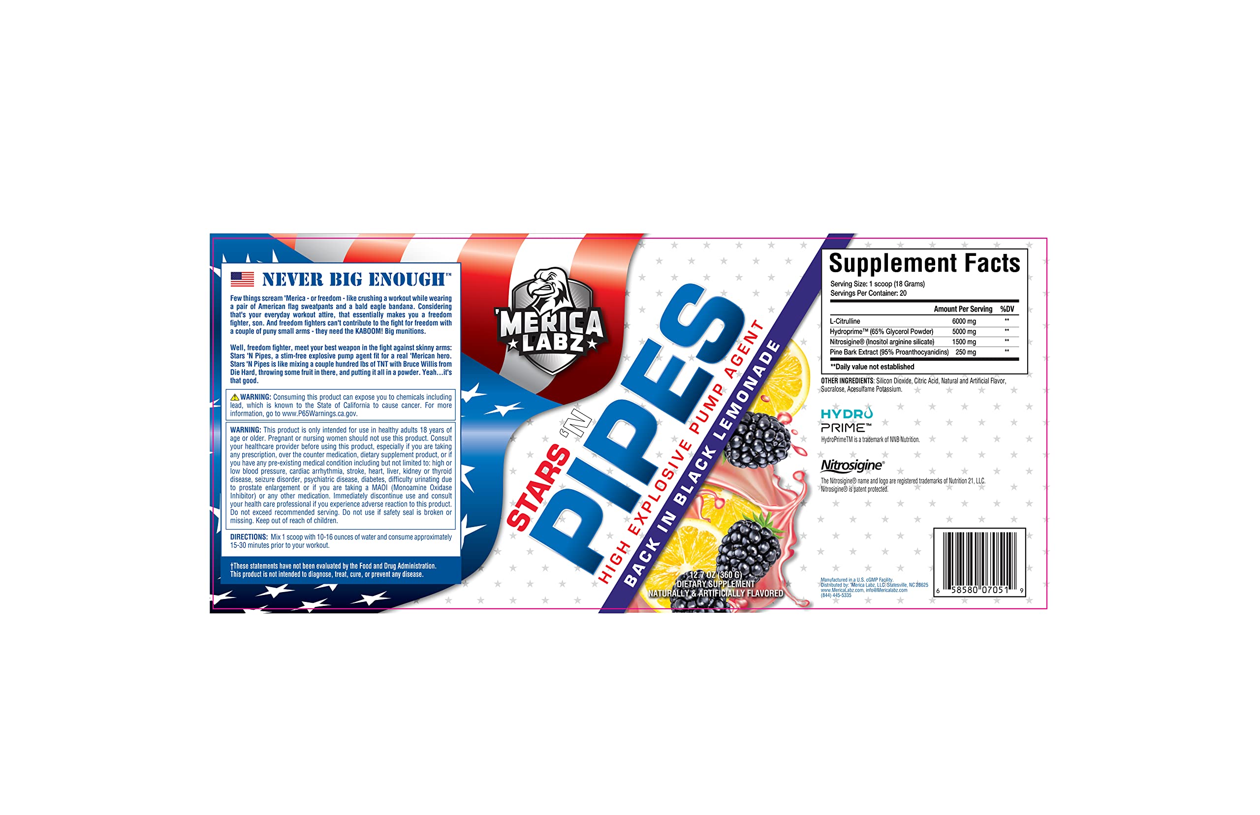 Merica Labz Stars 'N Pipes powder jar highlighting stimulant-free pump and nitric oxide support