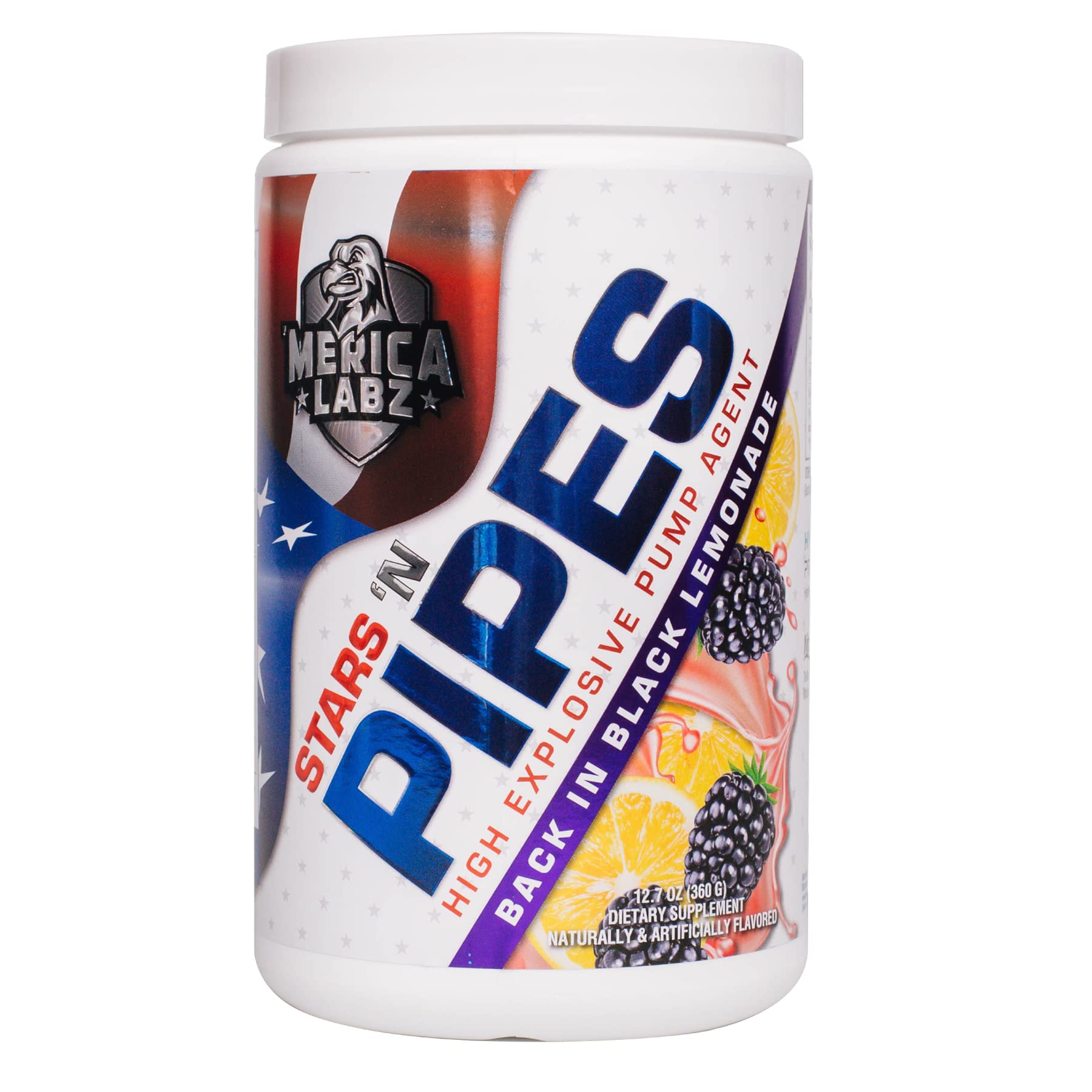 Merica Labz Stars 'N Pipes pump bottle highlighting stimulant-free nitric oxide pump support