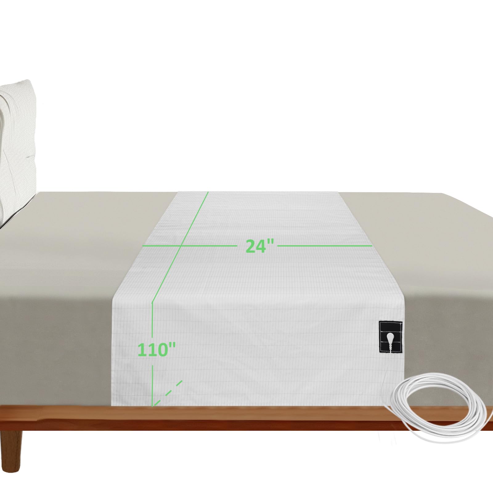 Merisky grounding sheets show a 110-inch length to fit all bed sizes for consistent grounding.