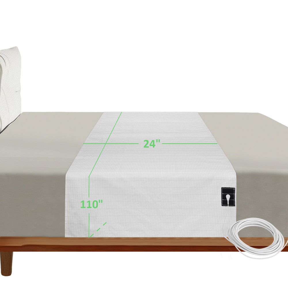 Merisky grounding sheets show a 110-inch length to fit all bed sizes for consistent grounding.