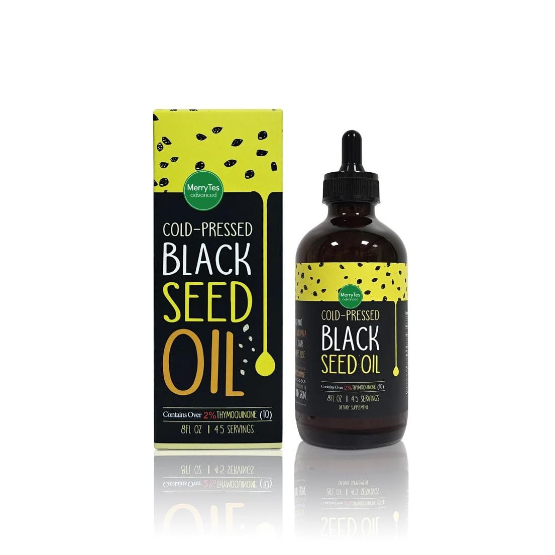 MerryTes Advanced Black Seed Oil bottle, premium cold-pressed formula for immune support.