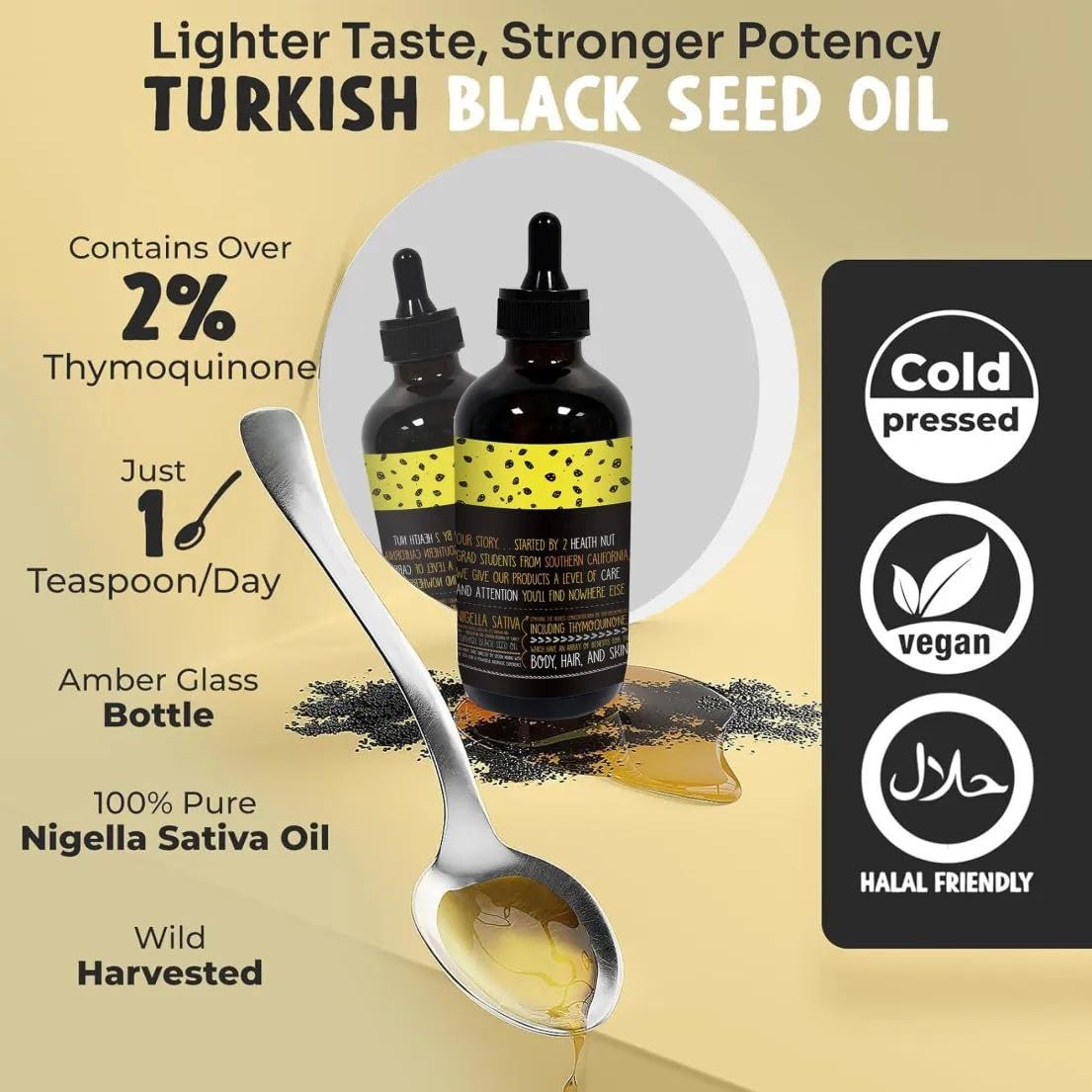 Pouring MerryTes Advanced Black Seed Oil into a teaspoon for daily use.