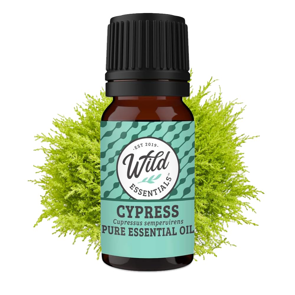 mEssentials Cypress essential oil bottle pour highlights fresh evergreen aroma.