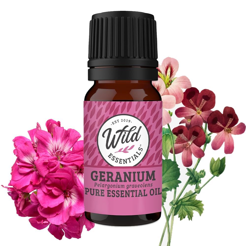 messentials geranium essential oil bottle with rose aroma for mood uplifting.