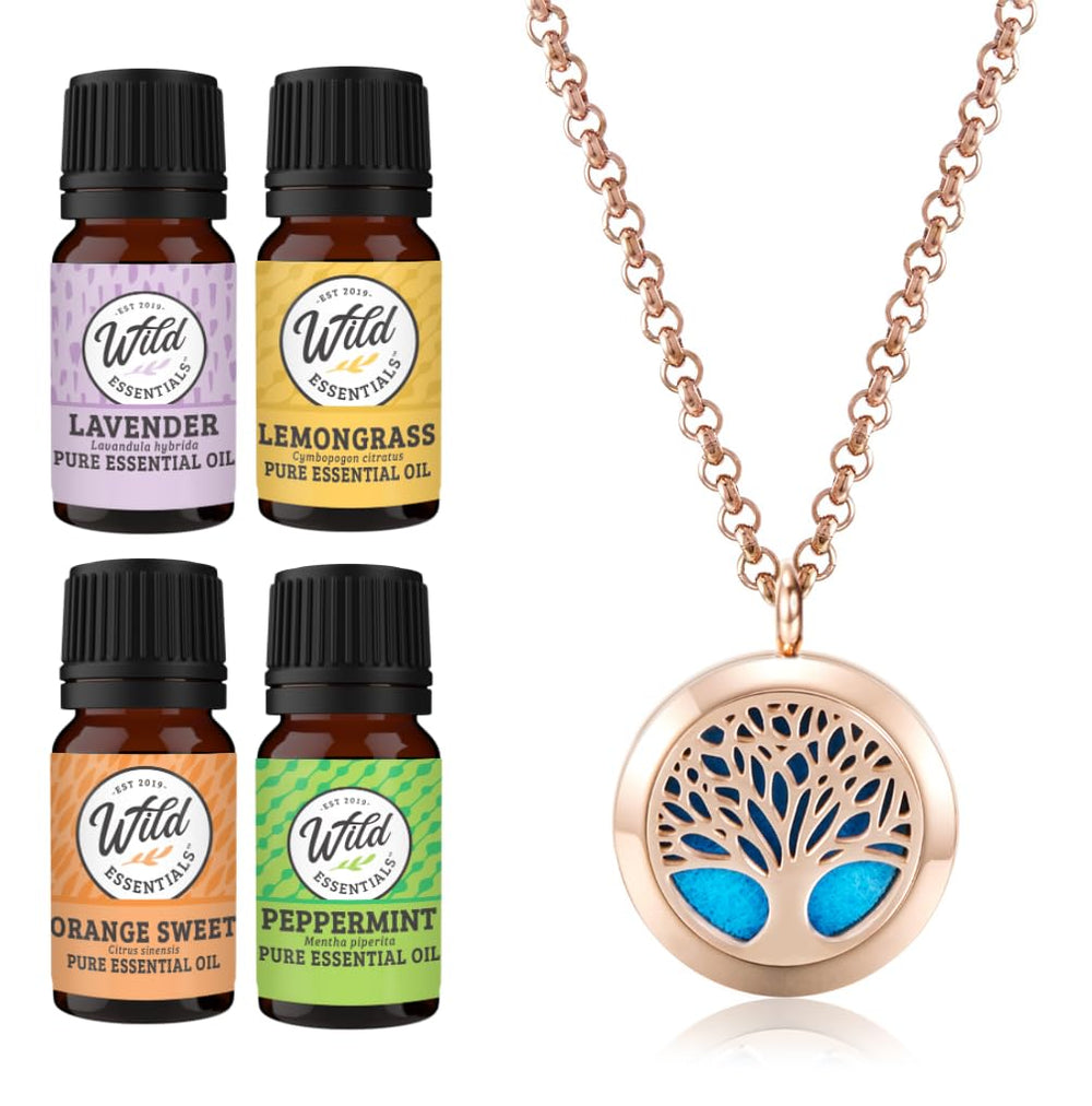 mEssentials Wild Essentials rose gold Tree of Life diffuser necklace offers on-the-go aromatherapy for calming moments.
