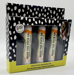 Closeup of Wilder Wake The F Up inhaler highlights peppermint and rosemary notes for quick focus.