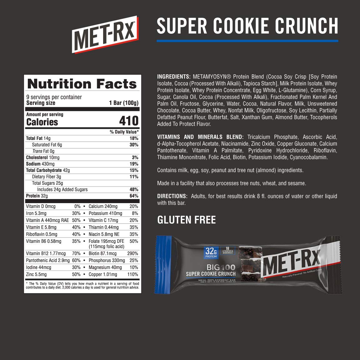 Close-up of MET-Rx Big 100 Colossal nutrition panel with protein info.