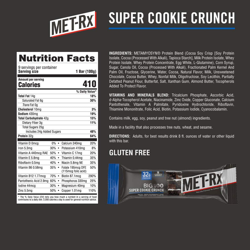 Close-up of MET-Rx Big 100 Colossal nutrition panel with protein info.