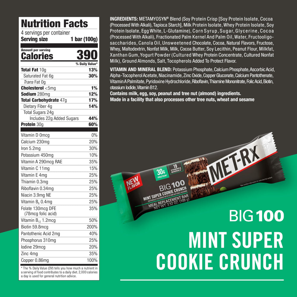 MET-Rx Big 100 Mint bar cross-section shows chewy center and crunchy texture.