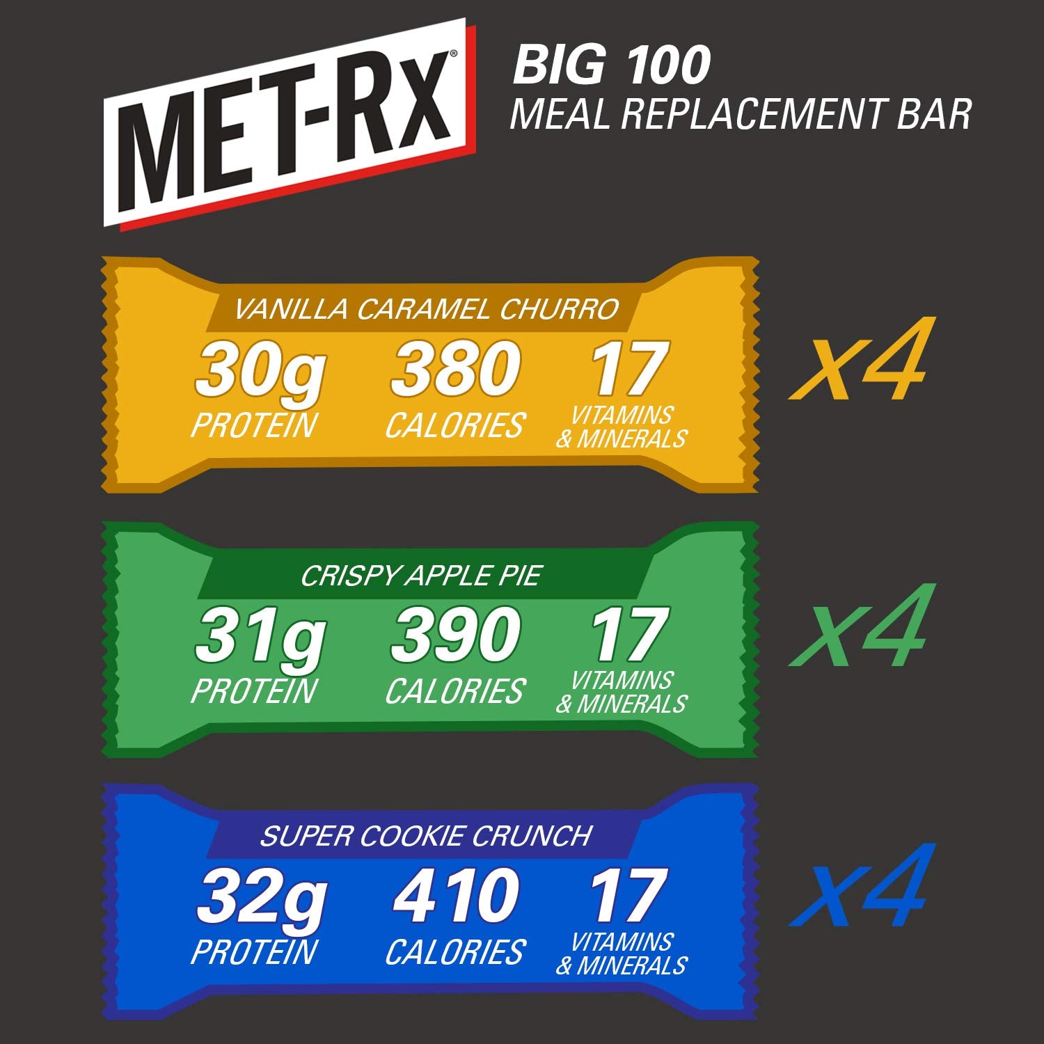 MET-Rx Big 100 Colossal Crispy Apple Pie bar with crisp texture and flavor.