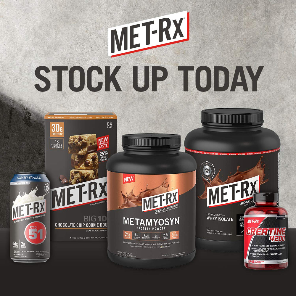 MET-Rx Big 100 Colossal packaging shows multi-bar box for convenient fueling.