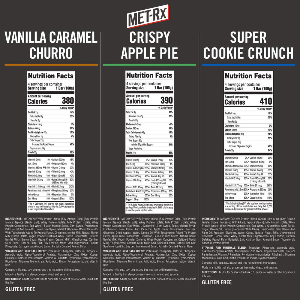 MET-Rx Big 100 Colossal Vanilla Caramel Churro bar close-up, satisfying post-workout cravings.