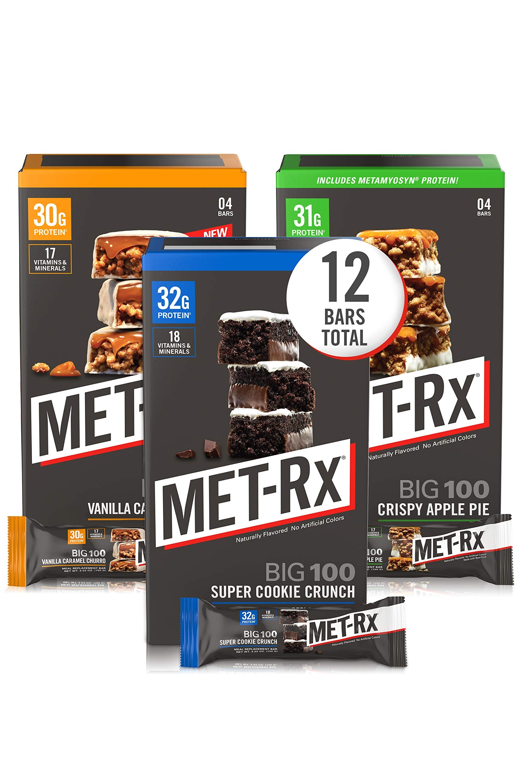 MET-Rx Big 100 Colossal bars variety pack displaying all flavors for on-the-go protein.
