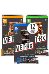 MET-Rx Big 100 Colossal bars variety pack displaying all flavors for on-the-go protein.