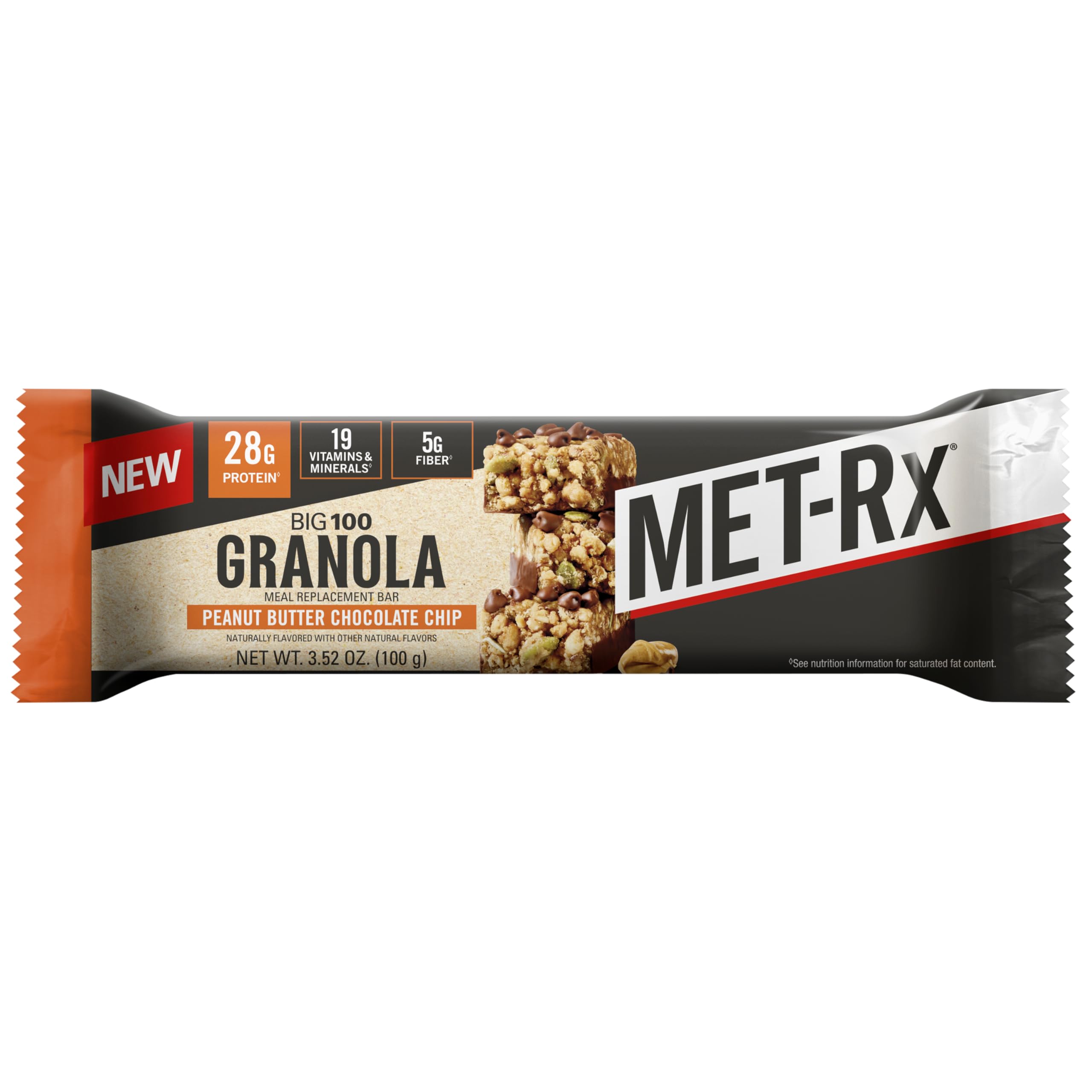 MET-Rx Big 100 bar closeup shows peanut butter chocolate chip flavor.