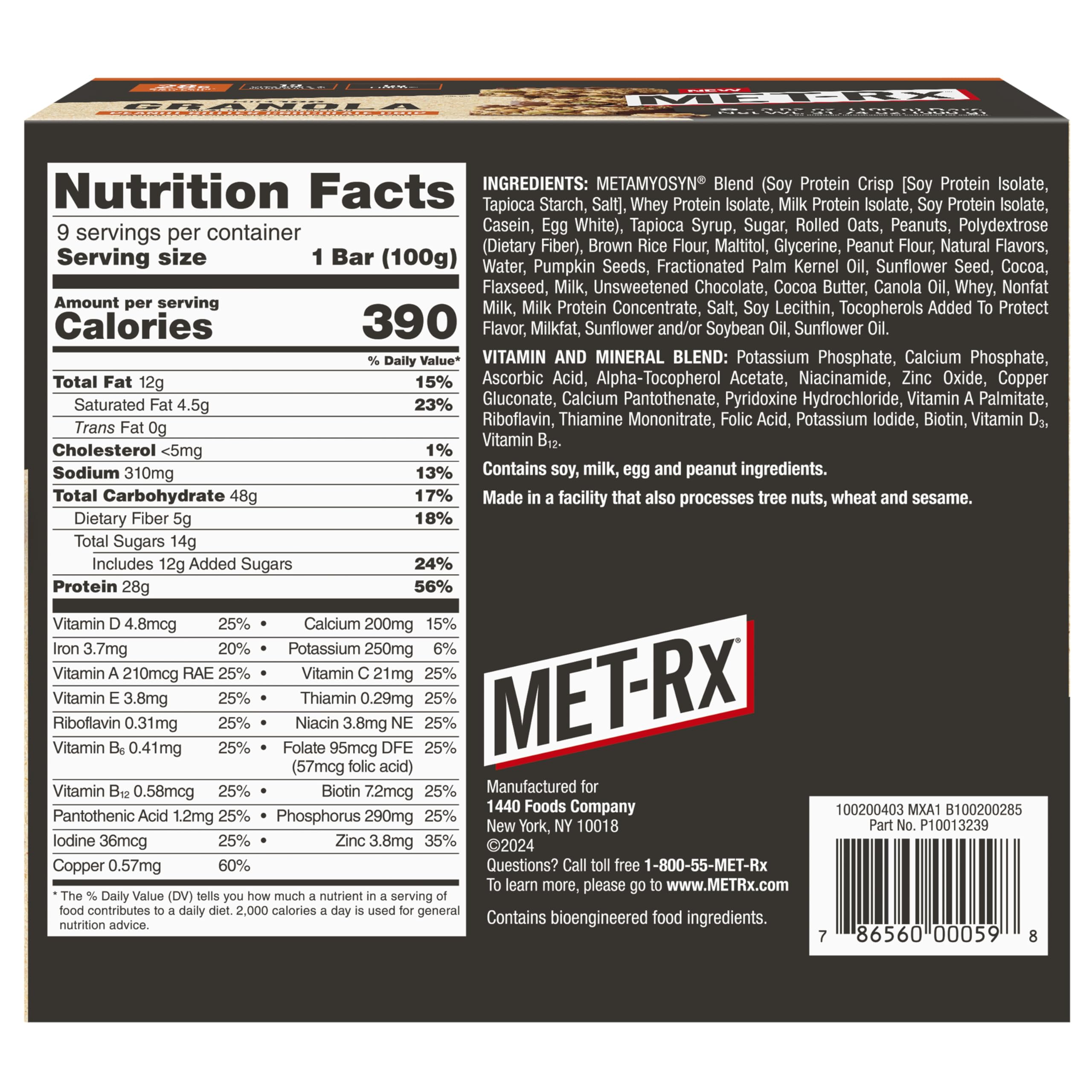 MET-Rx Big 100 nutrition facts label highlights protein and vitamins.