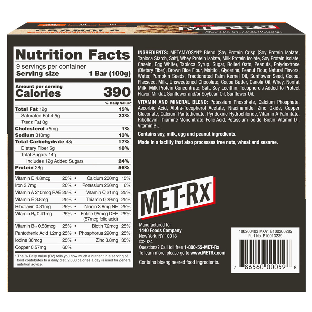 MET-Rx Big 100 nutrition facts label highlights protein and vitamins.