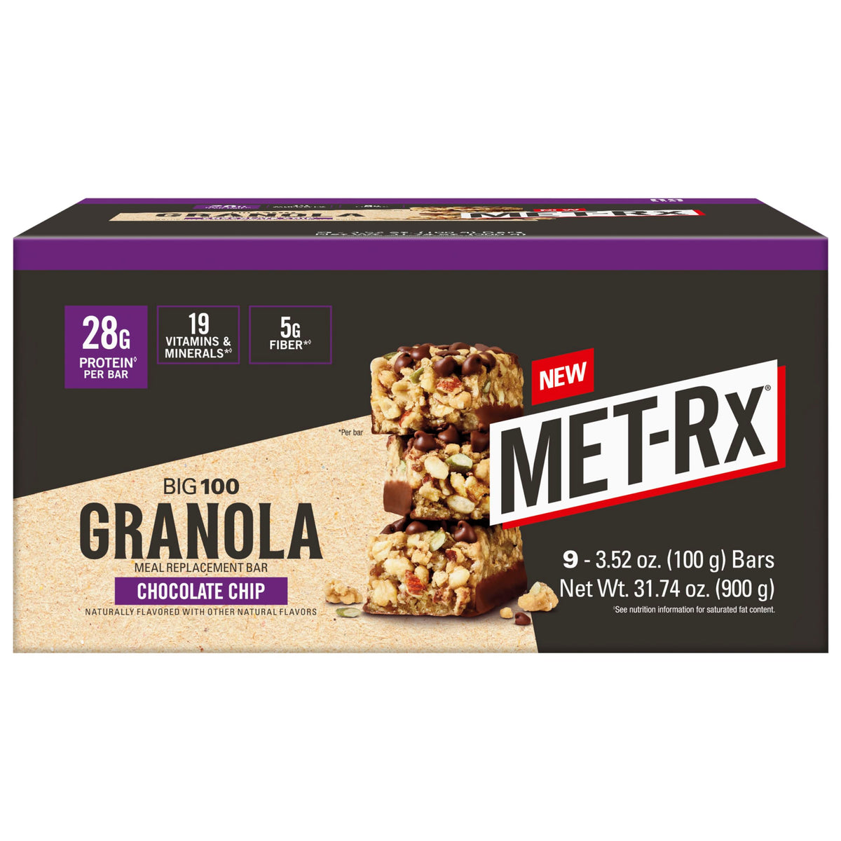 MET-Rx Big 100 Granola Bar pack front view for on-the-go fuel.