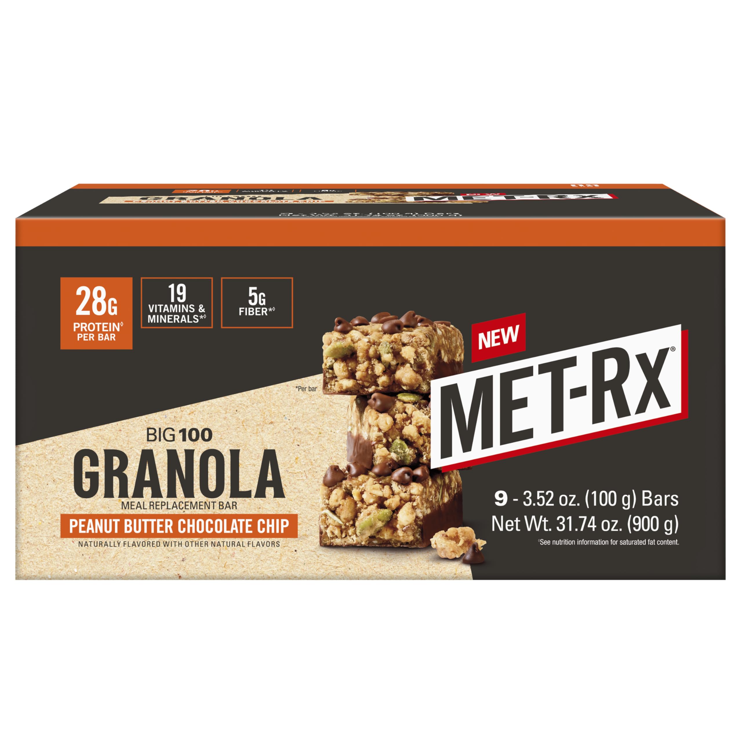 MET-Rx Big 100 granola bar pack front, on-the-go protein for active days.