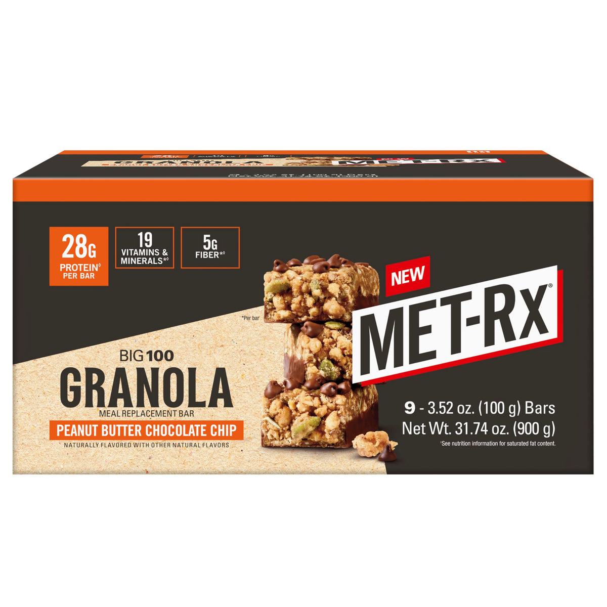 MET-Rx Big 100 granola bar pack front, on-the-go protein for active days.