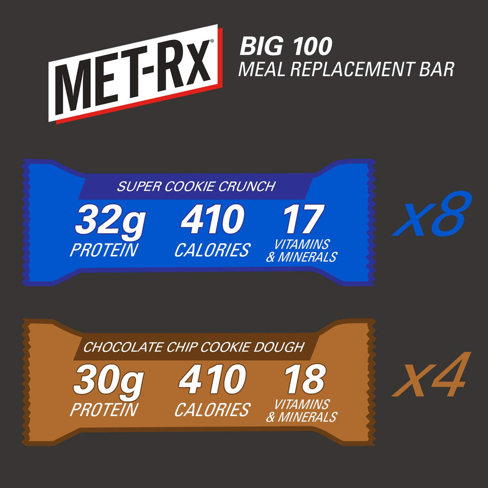 MET-Rx Big 100 nutrition facts panel showing protein and vitamins