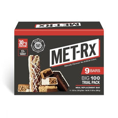 MET-Rx Big 100 trial pack bars close-up, protein bar for workouts and recovery.