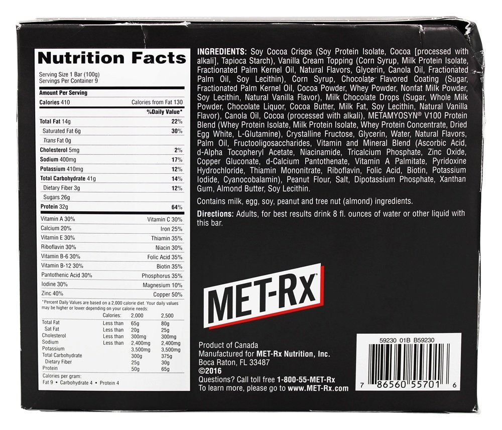 MET-Rx Colossal Cookie Crunch nutrition panel illustrating the bar's format and weight.