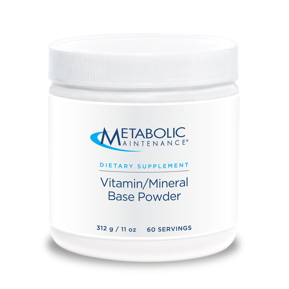 Metabolic Maintenance Base Powder bottle shows a comprehensive iron-free multivitamin formula for daily support.