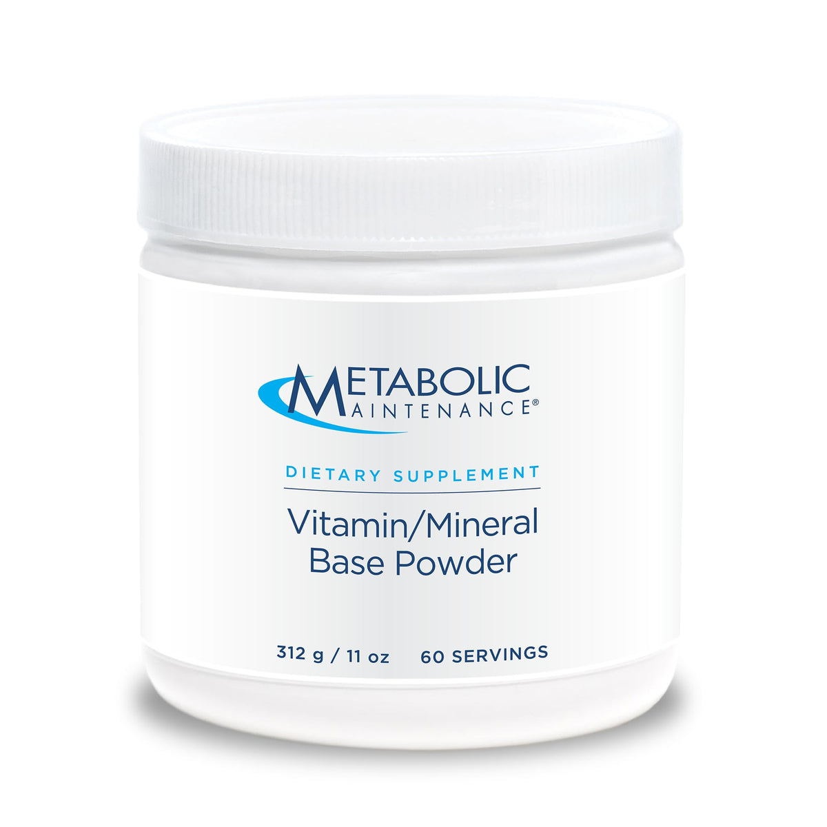 Metabolic Maintenance Base Powder bottle shows a comprehensive iron-free multivitamin formula for daily support.