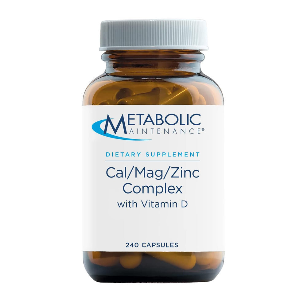 Metabolic Maintenance Cal Mag Zinc Complex bottle on a clean countertop for everyday bone and heart support.